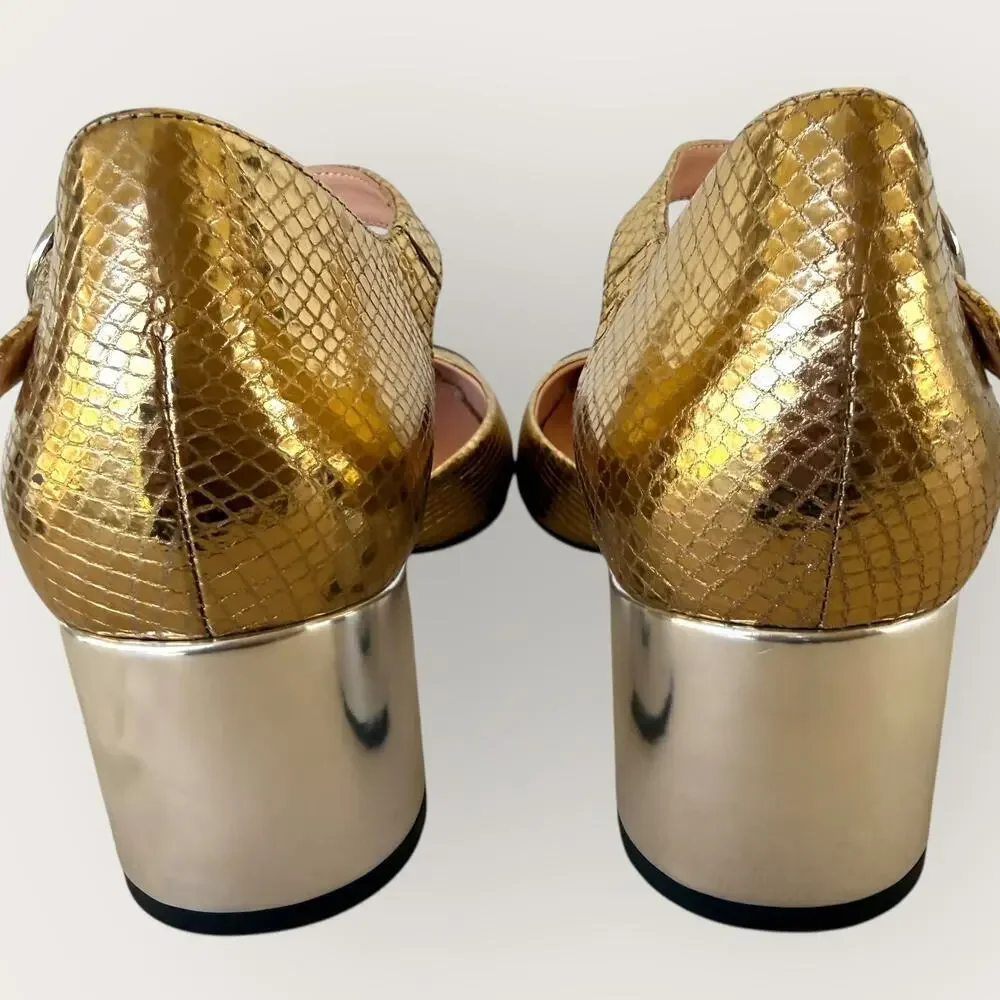 J. Crew Ankle Strap Heels Shoes Snake Embossed Leather Womens 8 Gold Silver